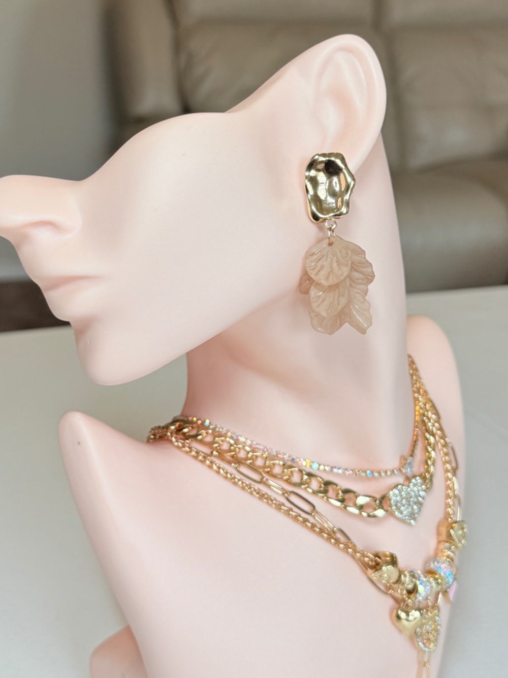 Gold-Tone Leaf Drop Earrings - Pink Leaf Accents